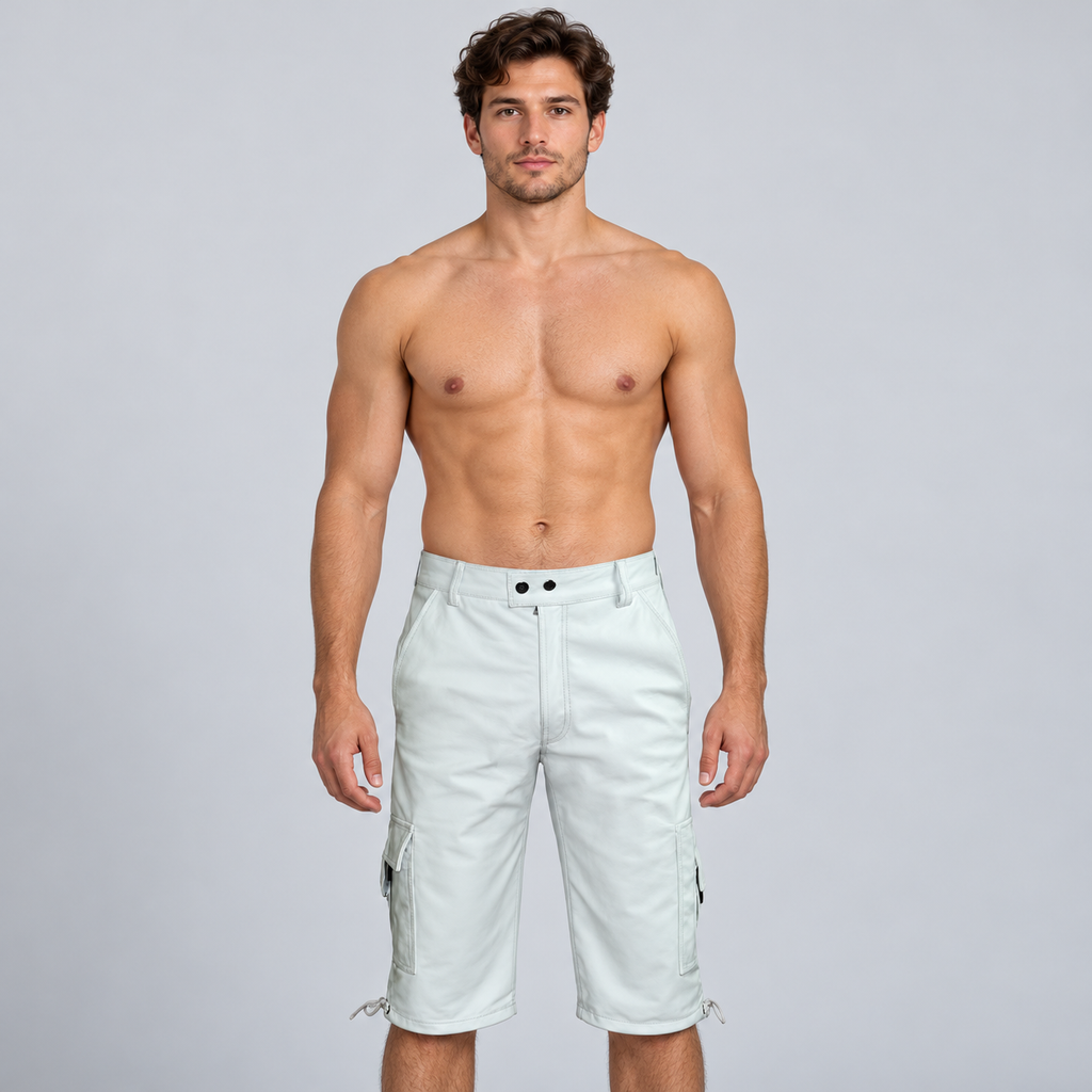 Men's White Leather Cargo Shorts – Six Pockets
