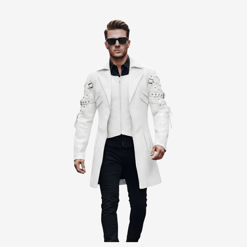 Men's White Leather Zip Coat – Mid Length