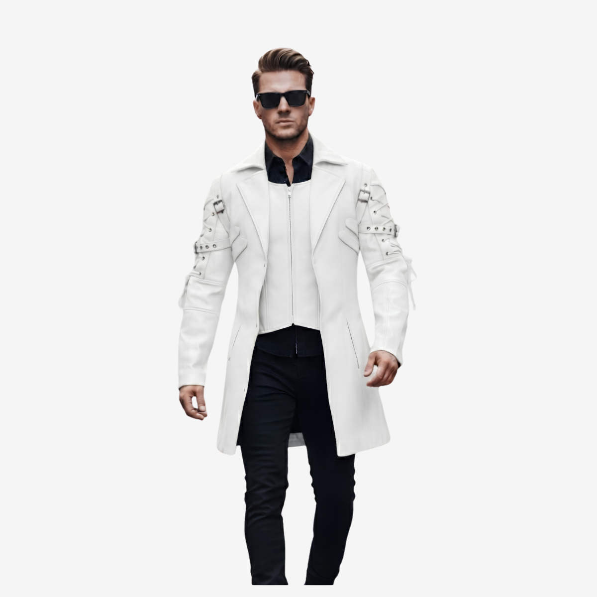 Men's White Leather Zip Coat – Mid Length