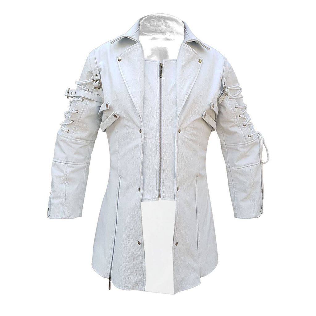Men's White Leather Zip Coat – Mid Length, view 2