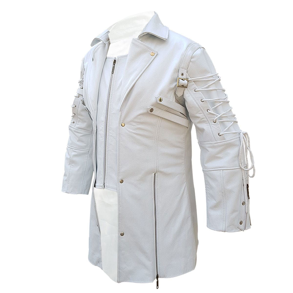 Men's White Leather Zip Coat – Mid Length, view 3