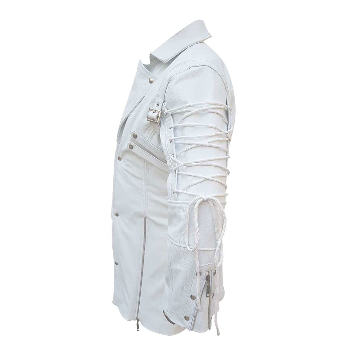 Men's White Leather Zip Coat – Mid Length, view 4