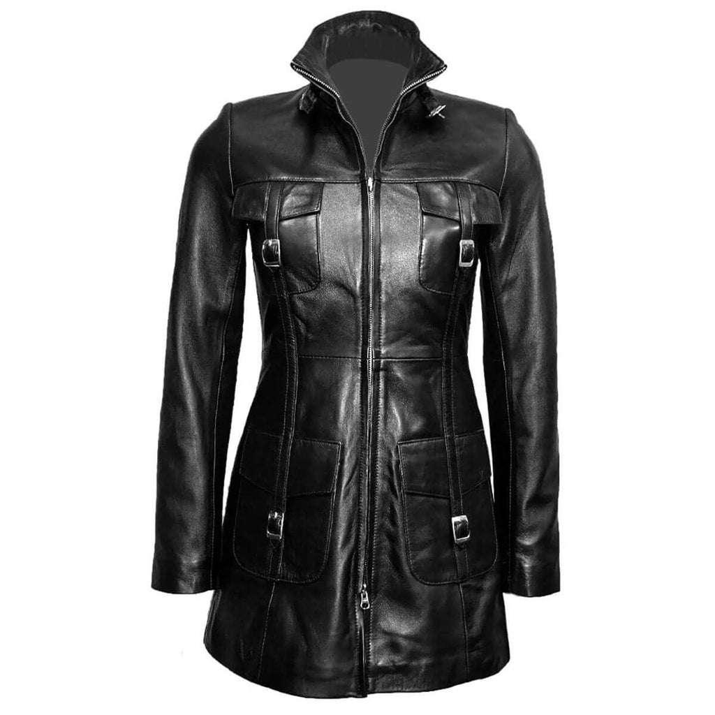 Women's Black Leather Belted Trench – Four Pockets