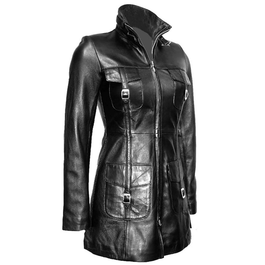 Women's Black Leather Belted Trench – Four Pockets, view 2