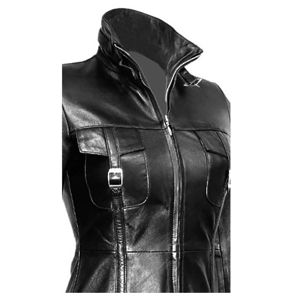 Women's Black Leather Belted Trench – Four Pockets, view 4