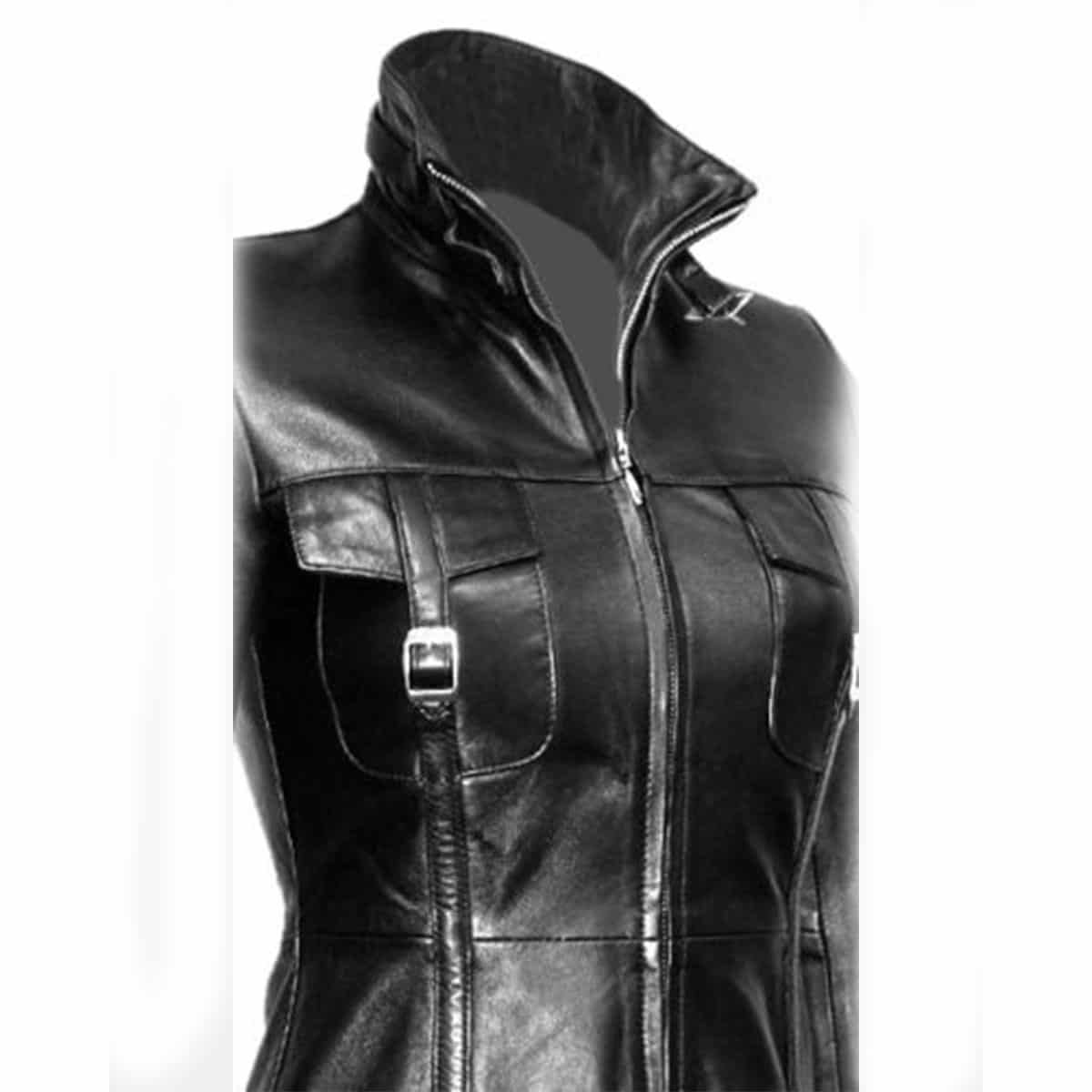 Women's Black Leather Belted Trench – Four Pockets, view 5