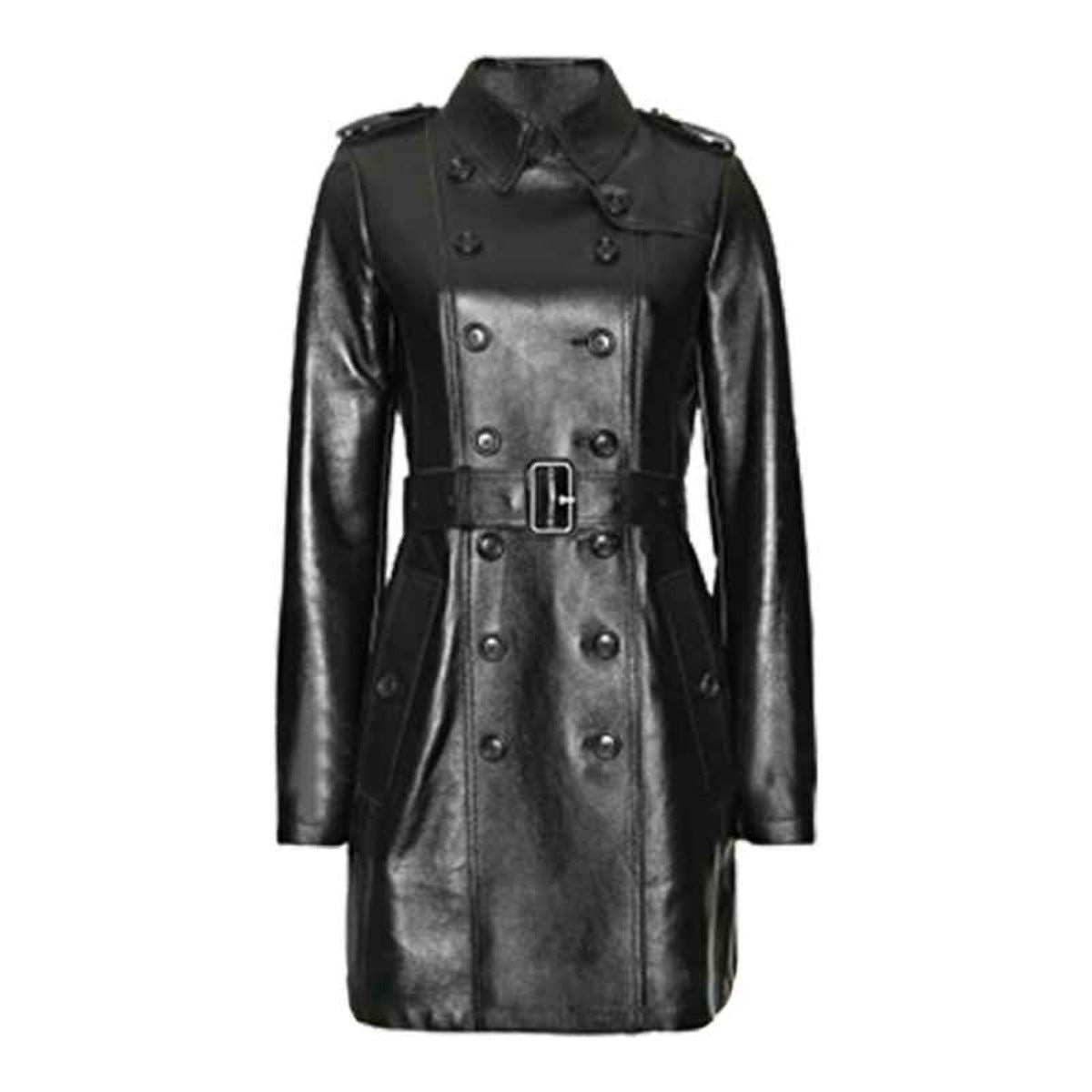 Women's Black Leather Belted Trench – Zip & Button Front