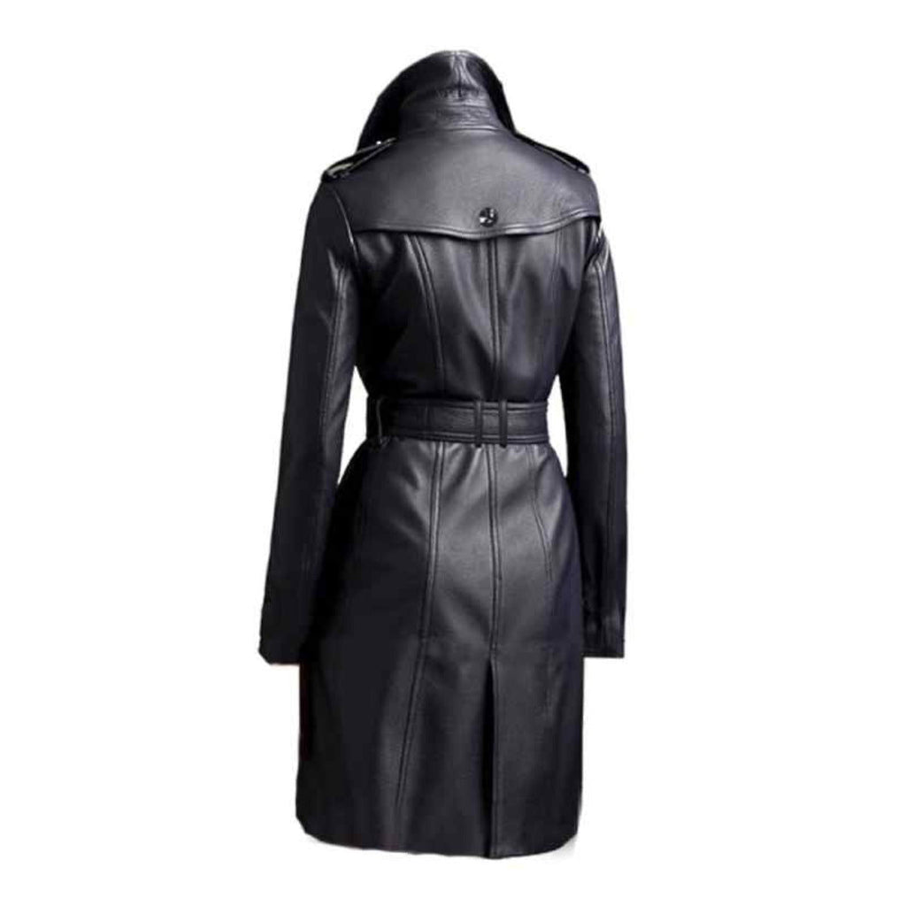Women's Black Leather Belted Trench – Zip & Button Front, view 2