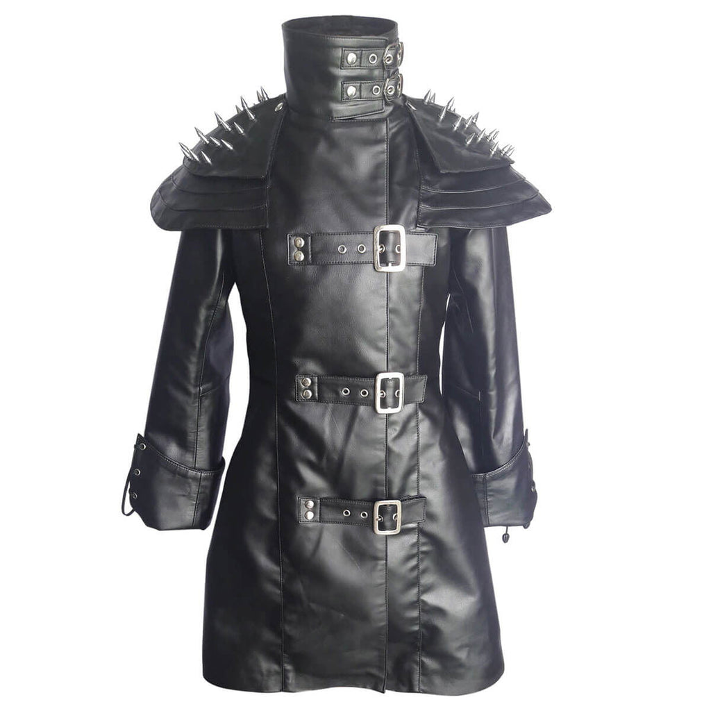 Women's Black Leather Double-Breasted Coat – Spiked Cape