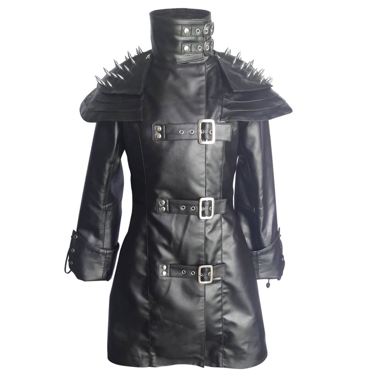 Women's Black Leather Double-Breasted Coat – Spiked Cape
