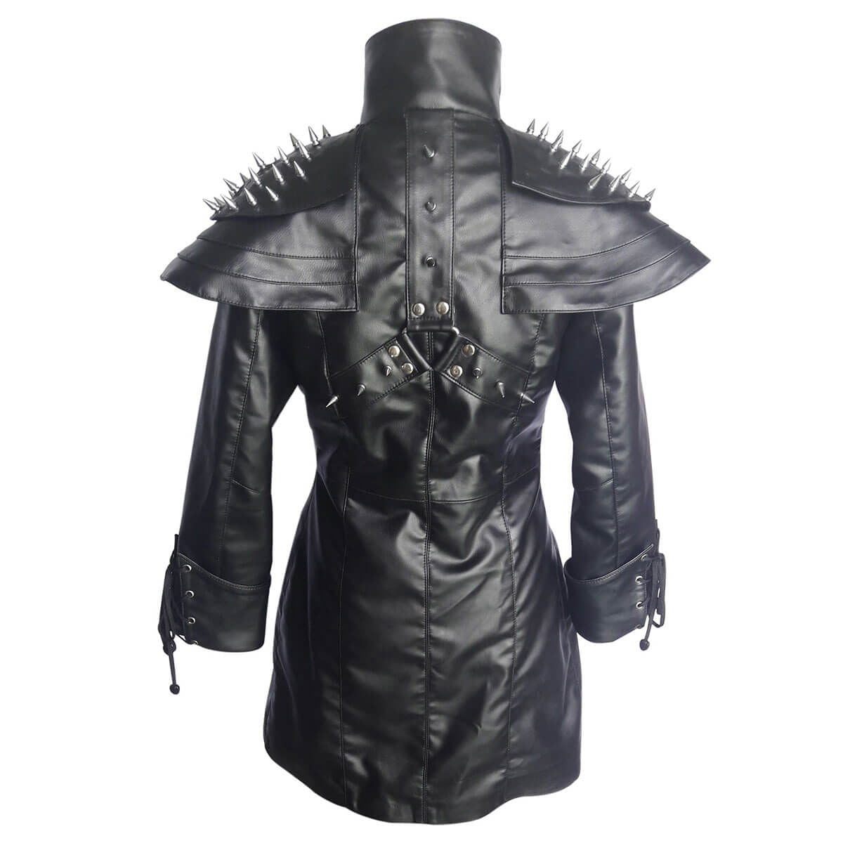 Women's Black Leather Double-Breasted Coat – Spiked Cape, view 2