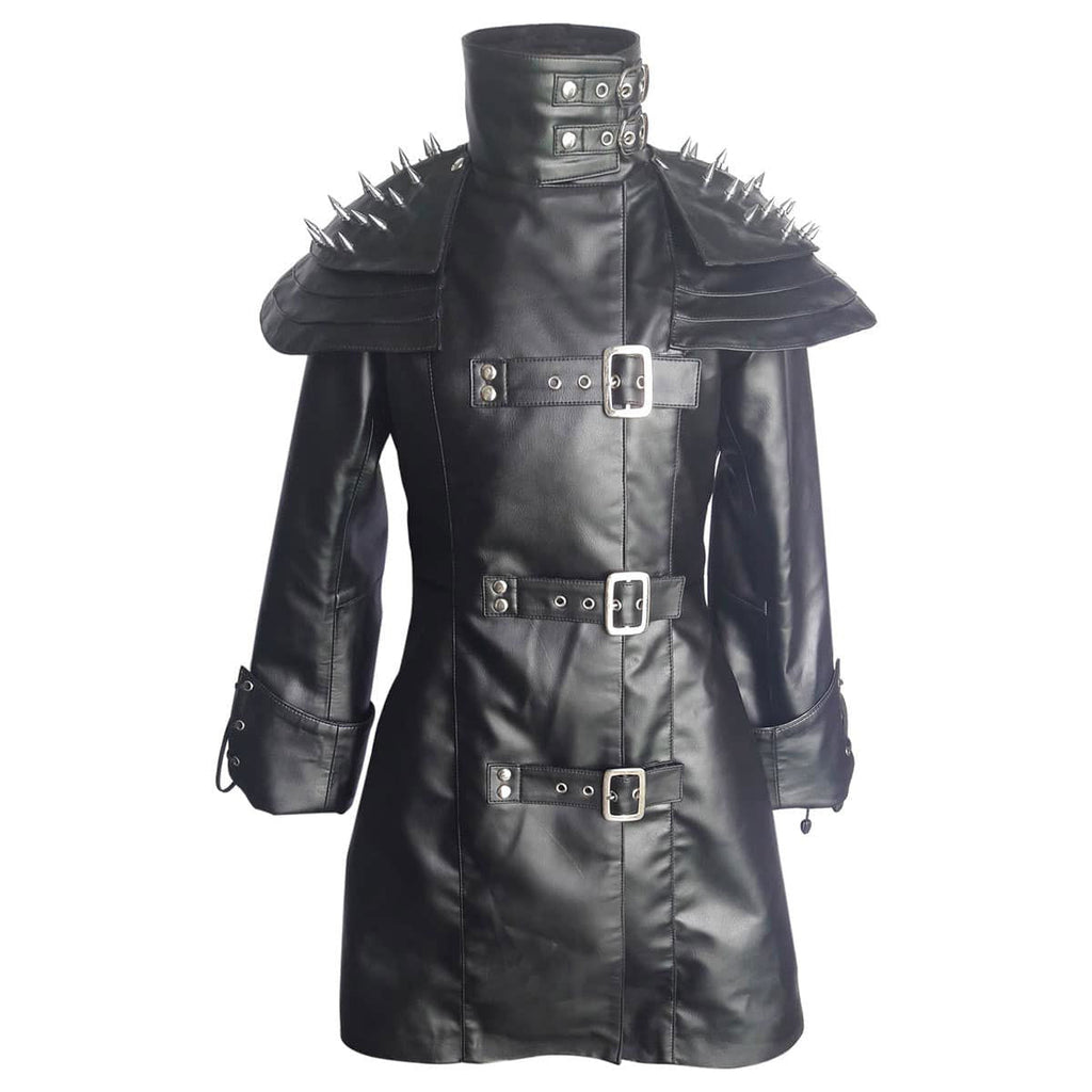 Women's Black Leather Double-Breasted Coat – Spiked Cape, view 4
