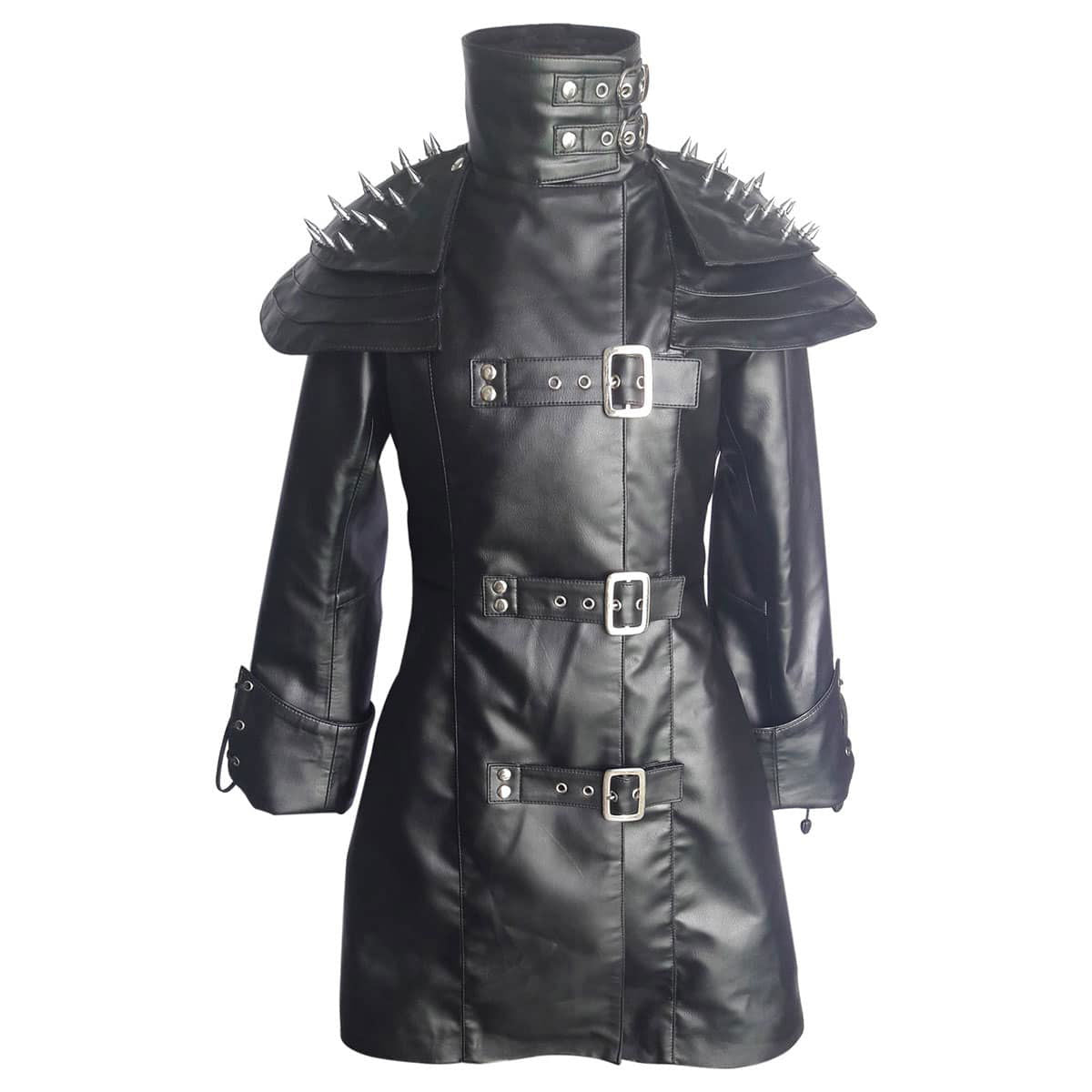 Women's Black Leather Double-Breasted Coat – Spiked Cape, view 4