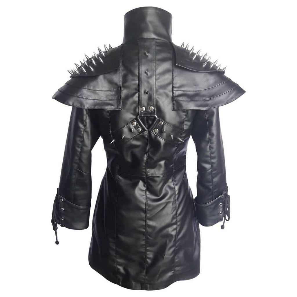 Women's Black Leather Double-Breasted Coat – Spiked Cape, view 5