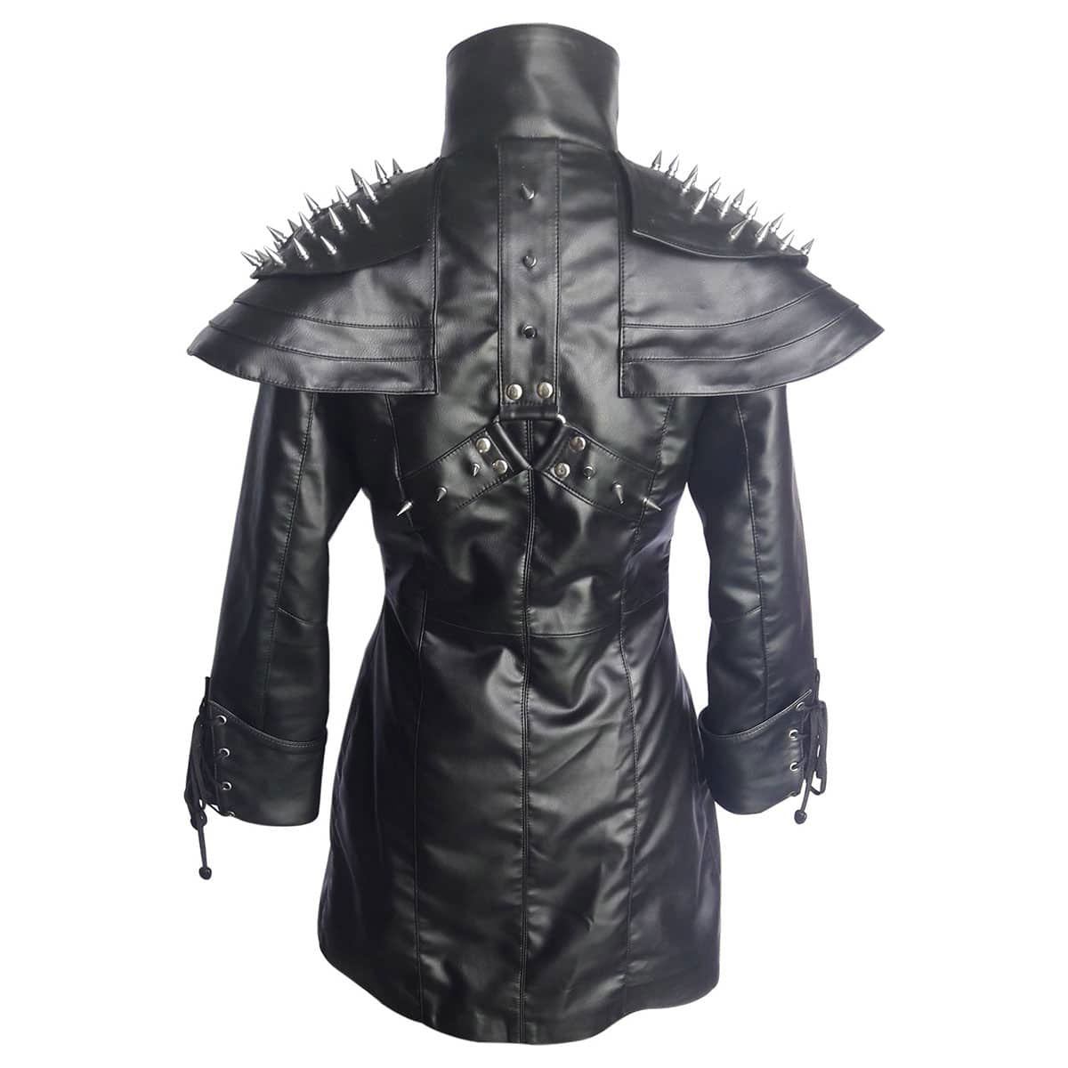 Women's Black Leather Double-Breasted Coat – Spiked Cape, view 5