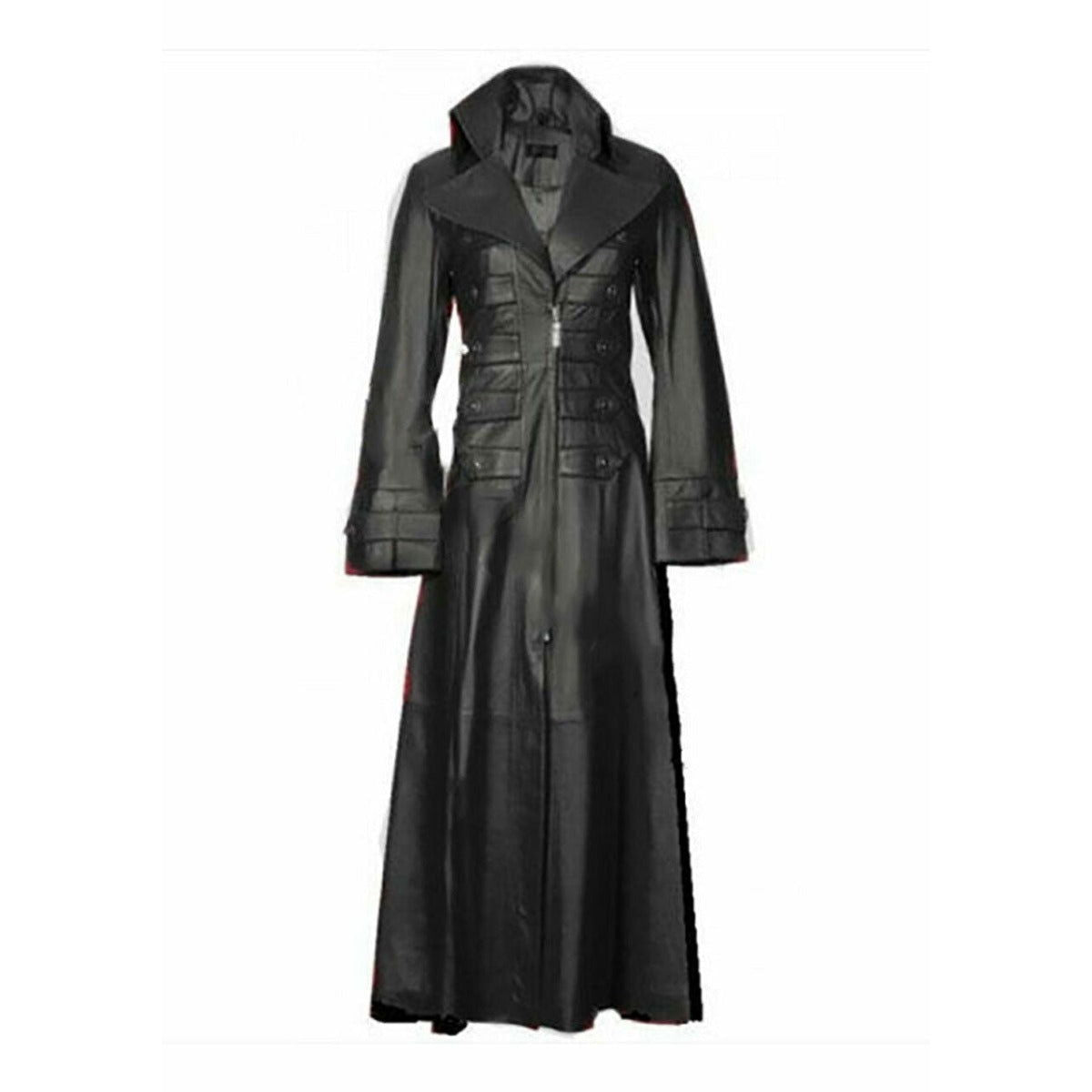 Women's Black Leather Flared Coat – Bat-Wing Lapels