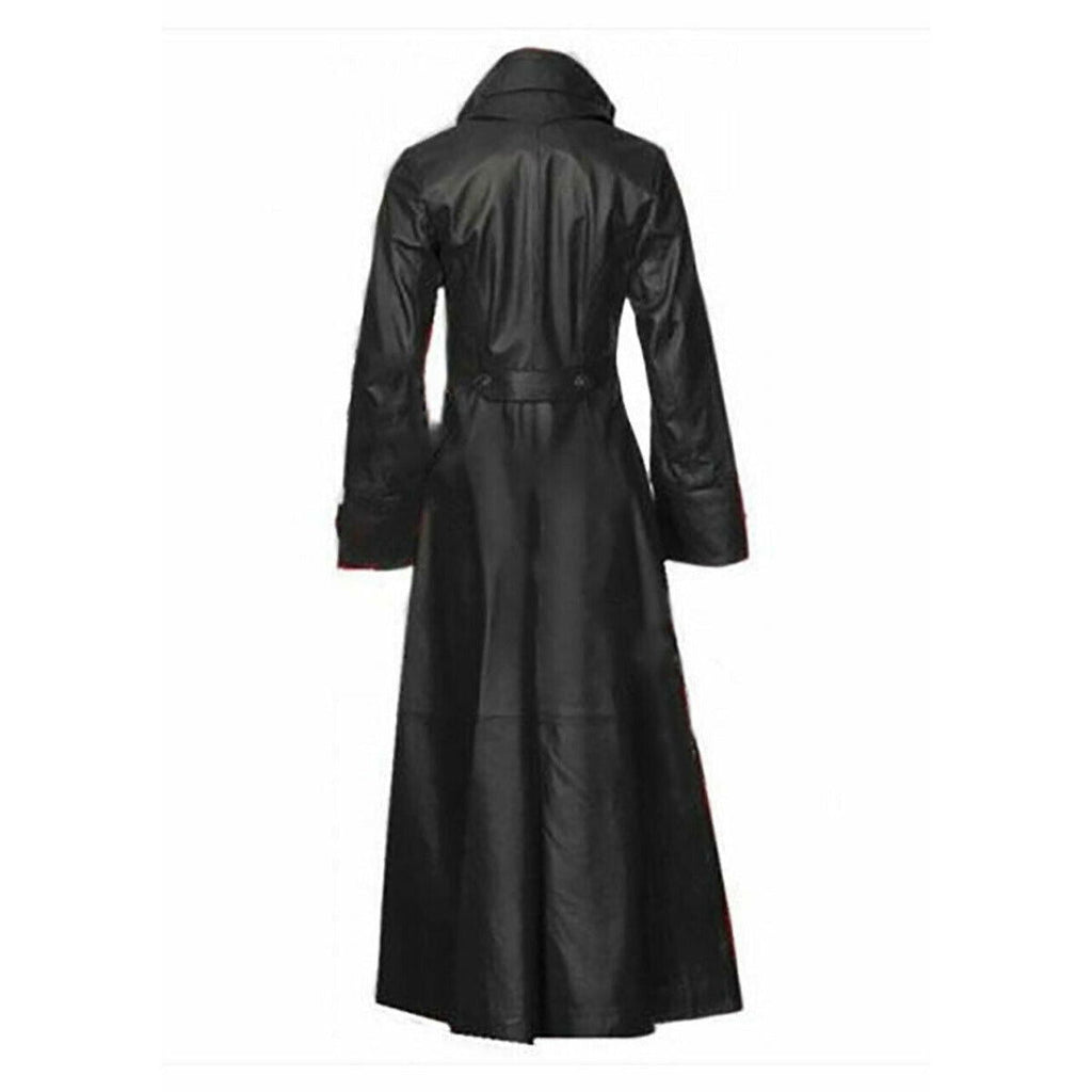 Women's Black Leather Flared Coat – Bat-Wing Lapels, view 2