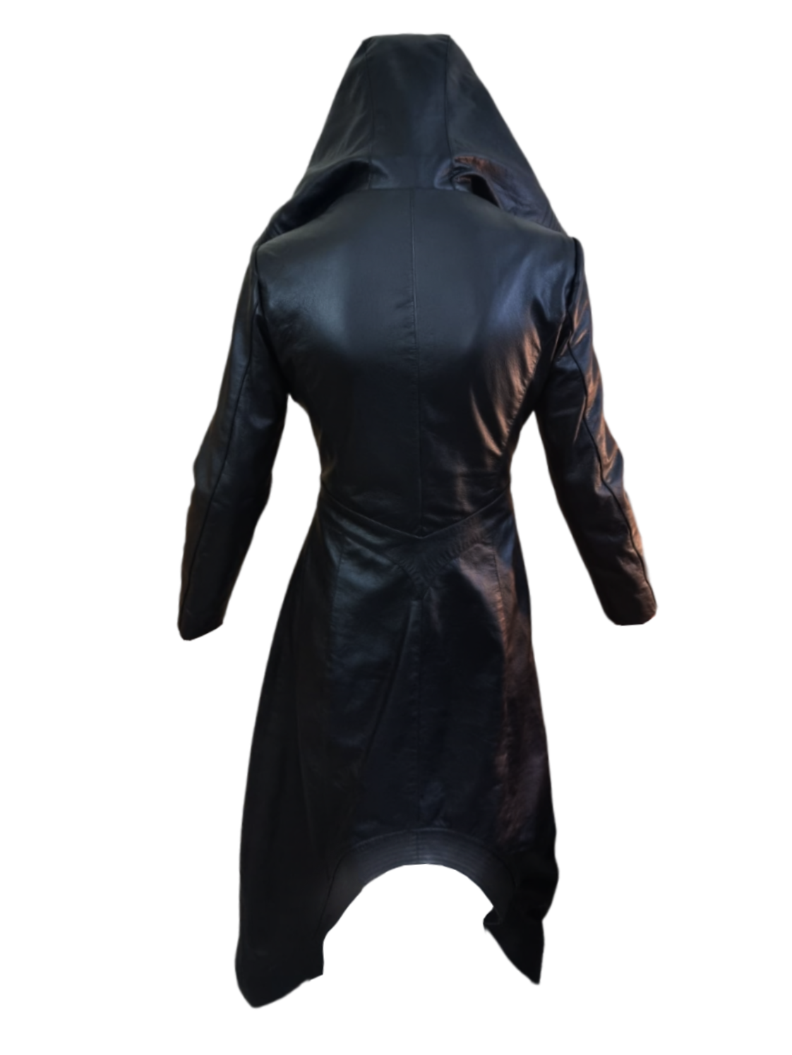 Women's Black Leather Hooded Long Coat – Ankle Length, view 4