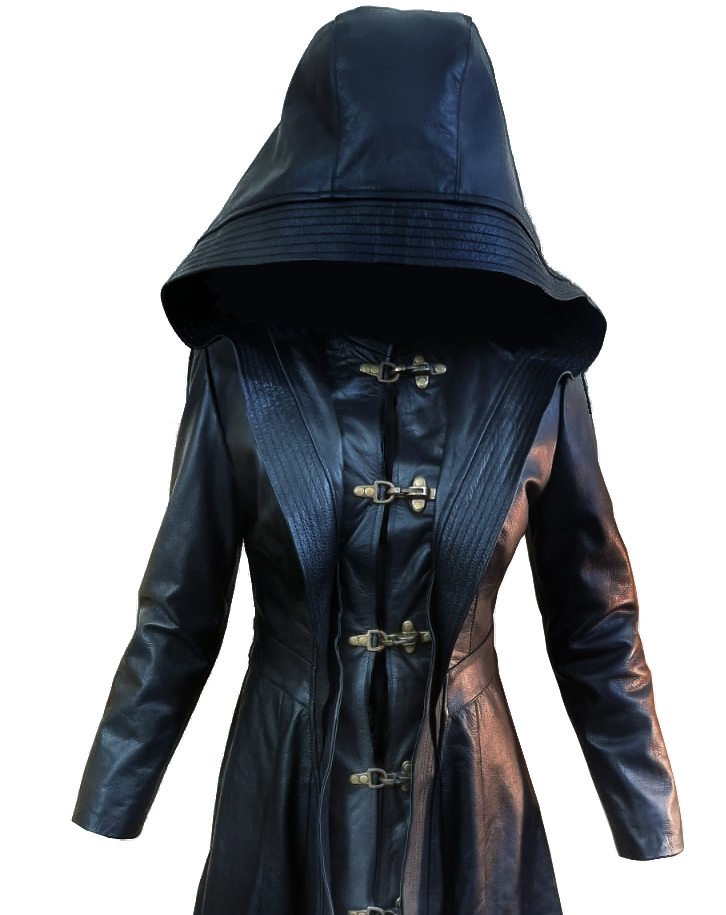 Women's Black Leather Hooded Long Coat – Ankle Length, view 5