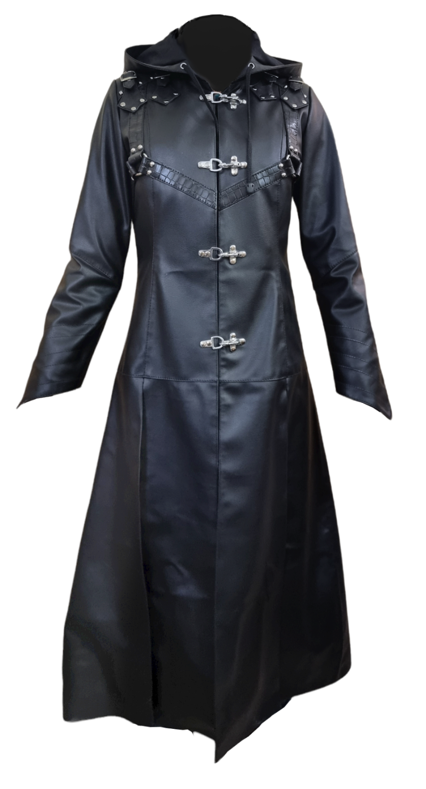 Women's Black Leather Hooded Long Coat – Croc-Print Panels