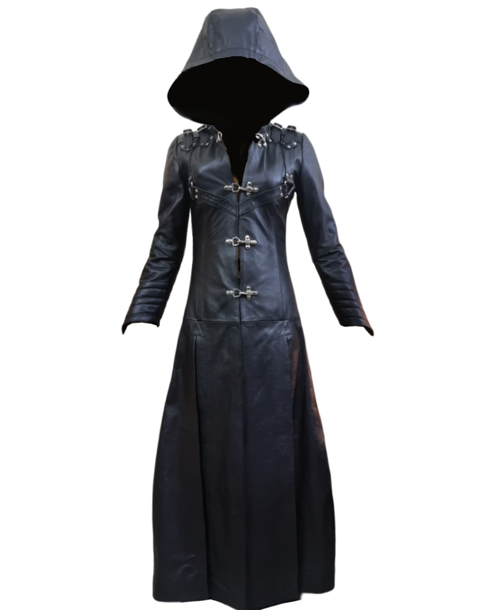 Women's Black Leather Hooded Long Coat – Croc-Print Panels, view 2