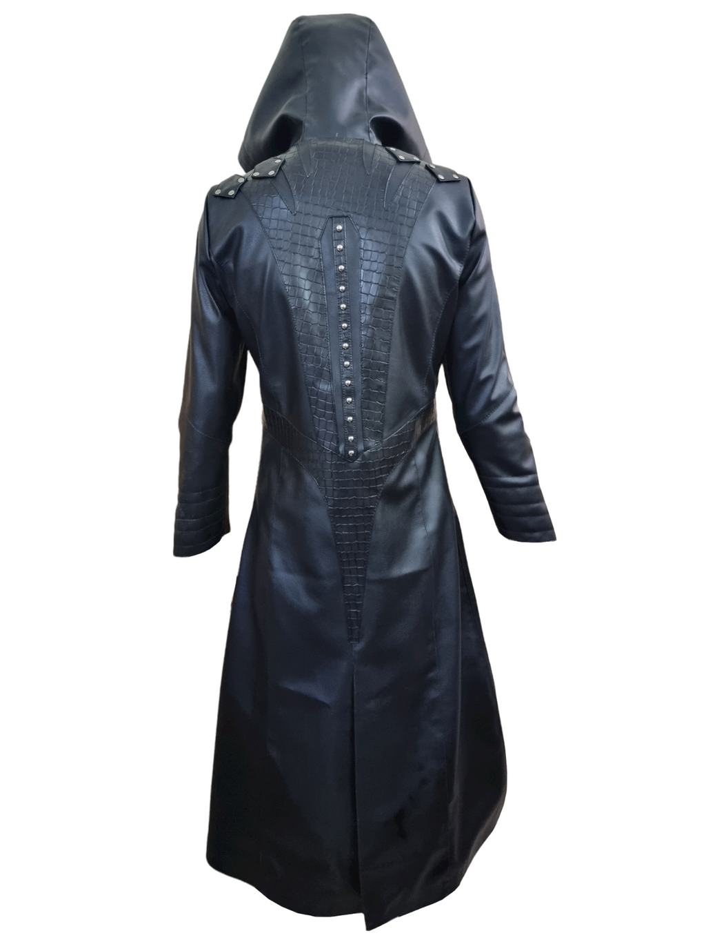 Women's Black Leather Hooded Long Coat – Croc-Print Panels, view 3