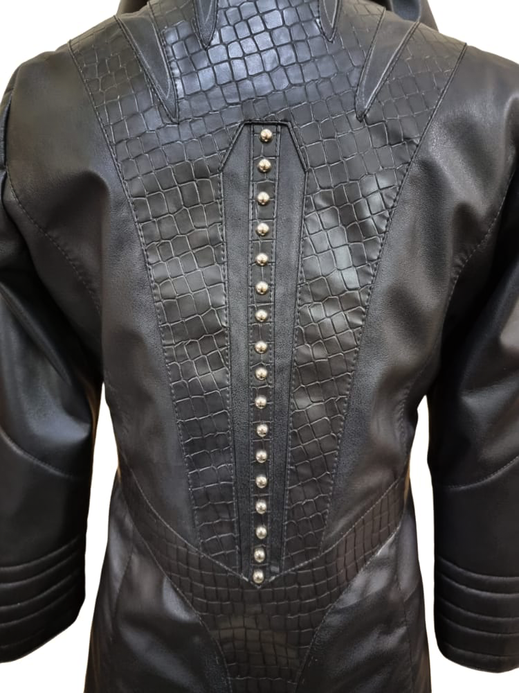 Women's Black Leather Hooded Long Coat – Croc-Print Panels, view 4