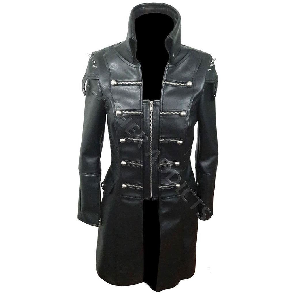 Women's Black Leather Military Coat – O-Ring Back