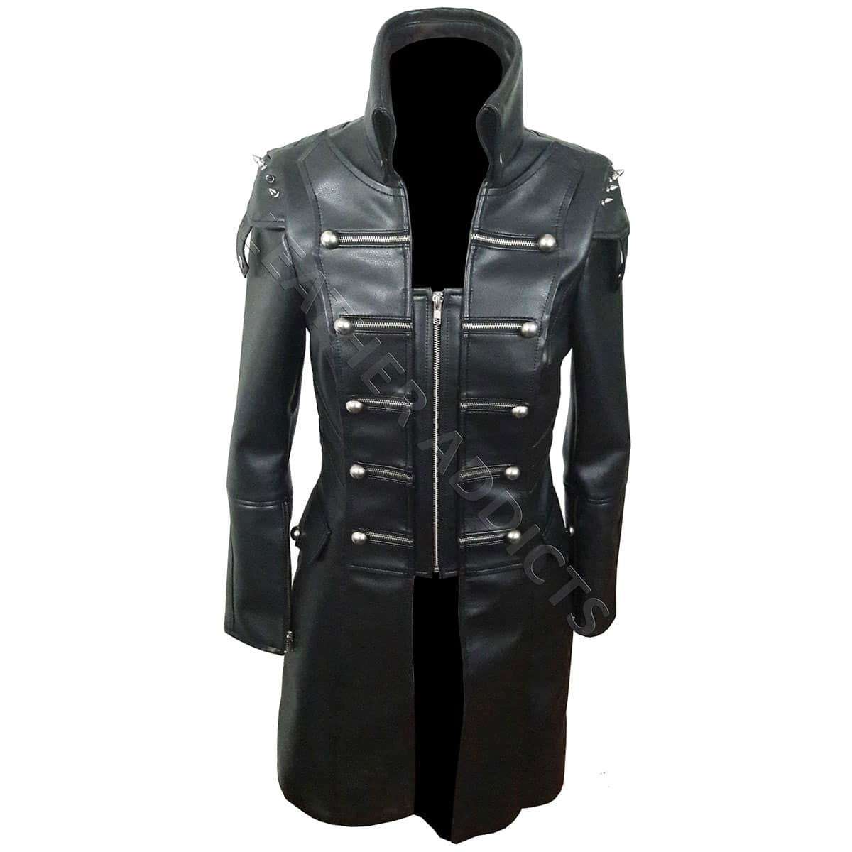 Women's Black Leather Military Coat – O-Ring Back