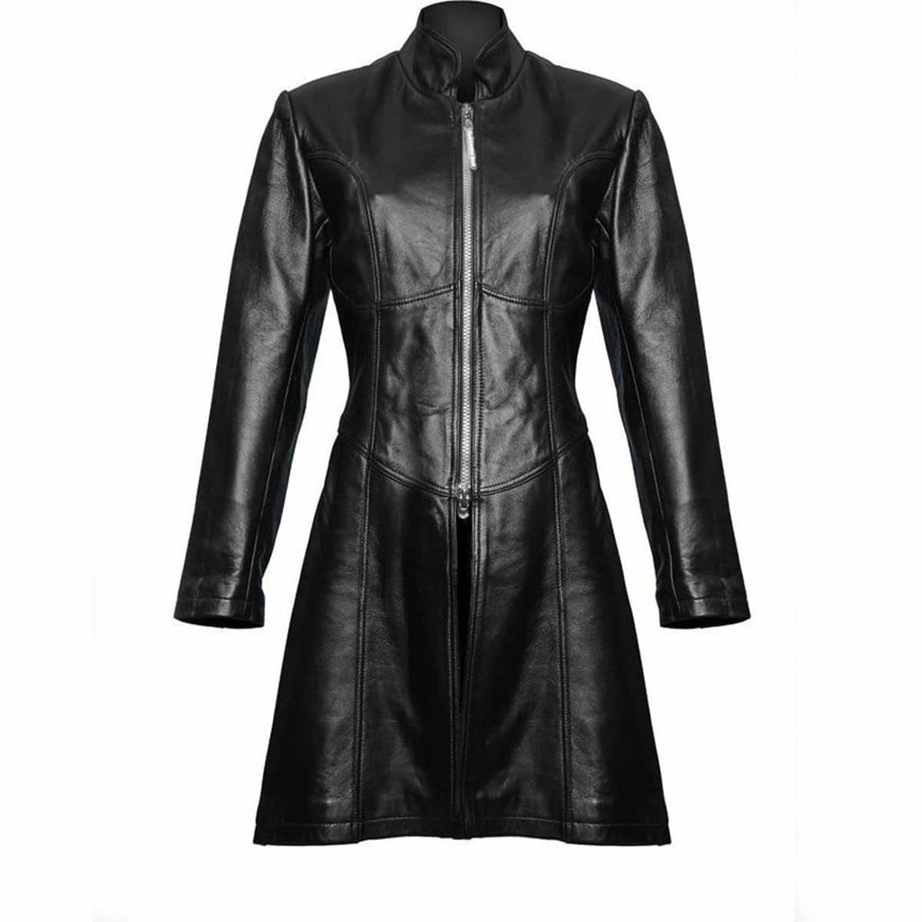 Women's Black Leather Military Trench – Zip Front