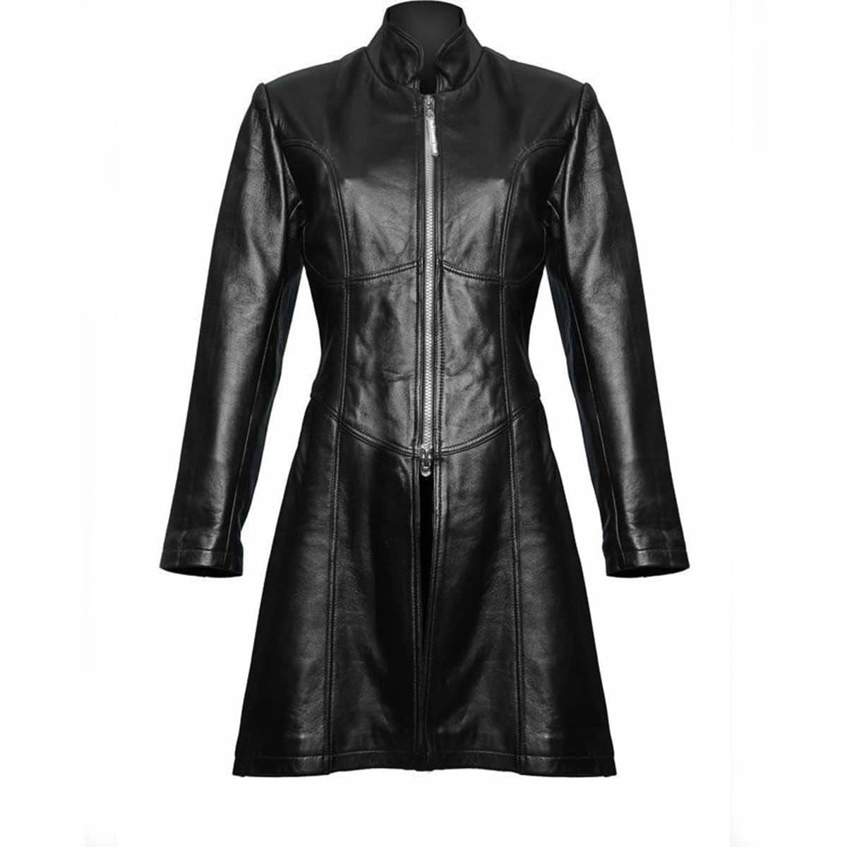 Women's Black Leather Military Trench – Zip Front