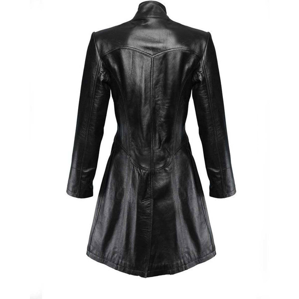 Women's Black Leather Military Trench – Zip Front, view 2