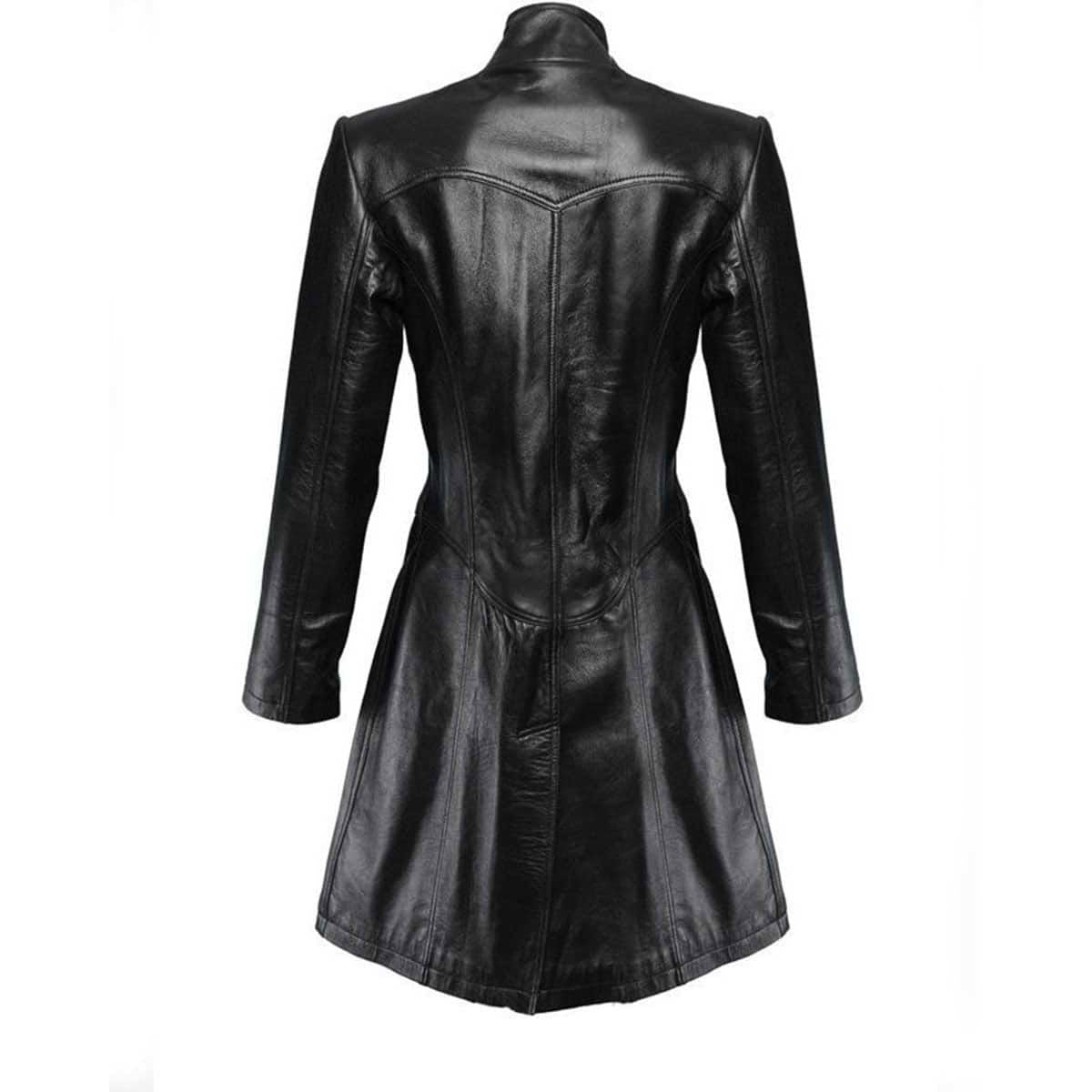 Women's Black Leather Military Trench – Zip Front, view 2