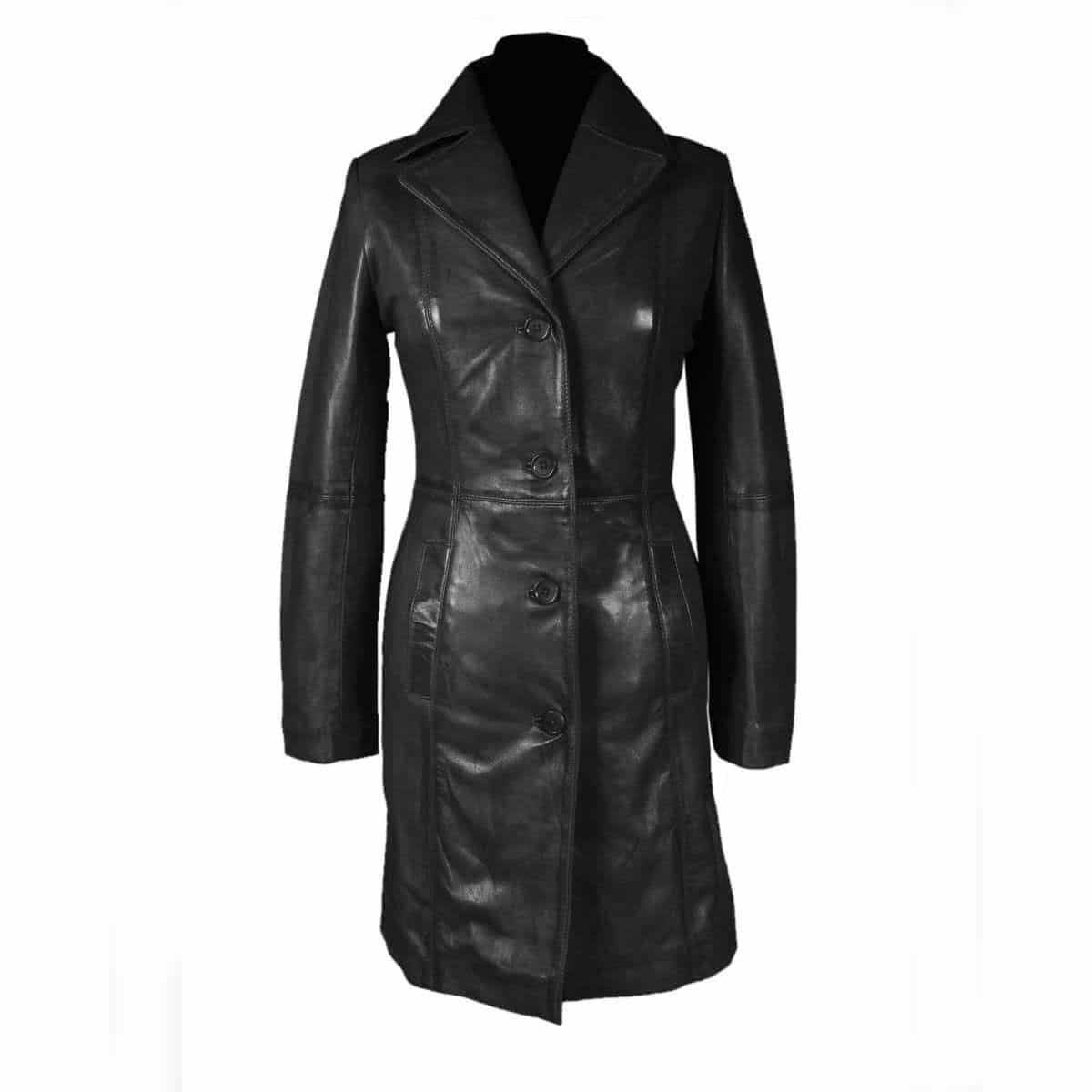 Women's Black Leather Three-Quarter Trench – Button Front