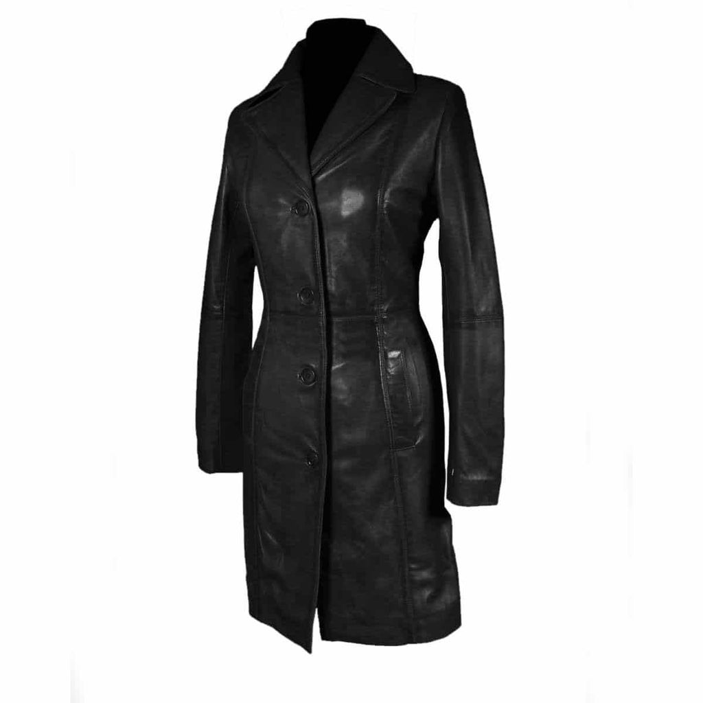 Women's Black Leather Three-Quarter Trench – Button Front, view 2