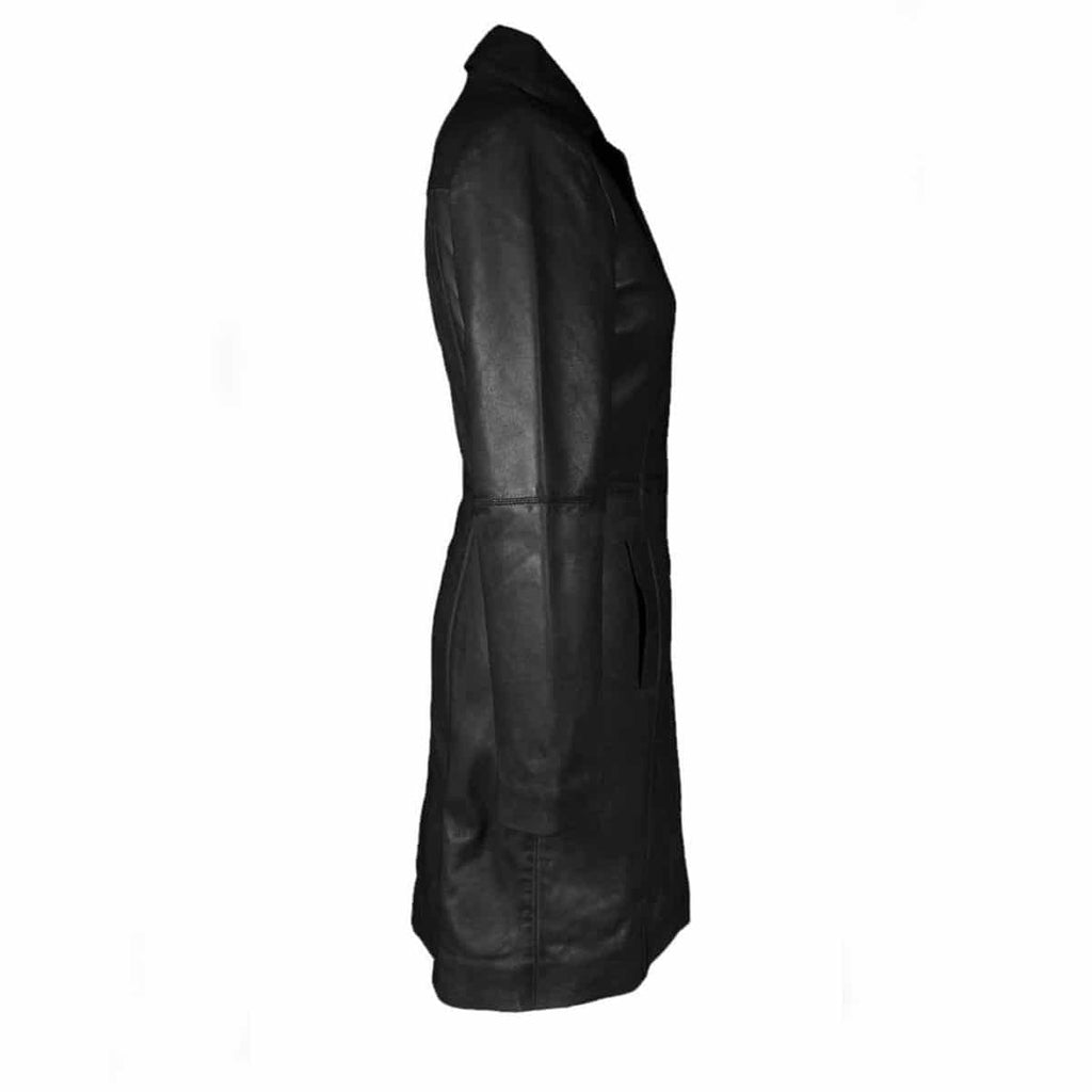 Women's Black Leather Three-Quarter Trench – Button Front, view 3