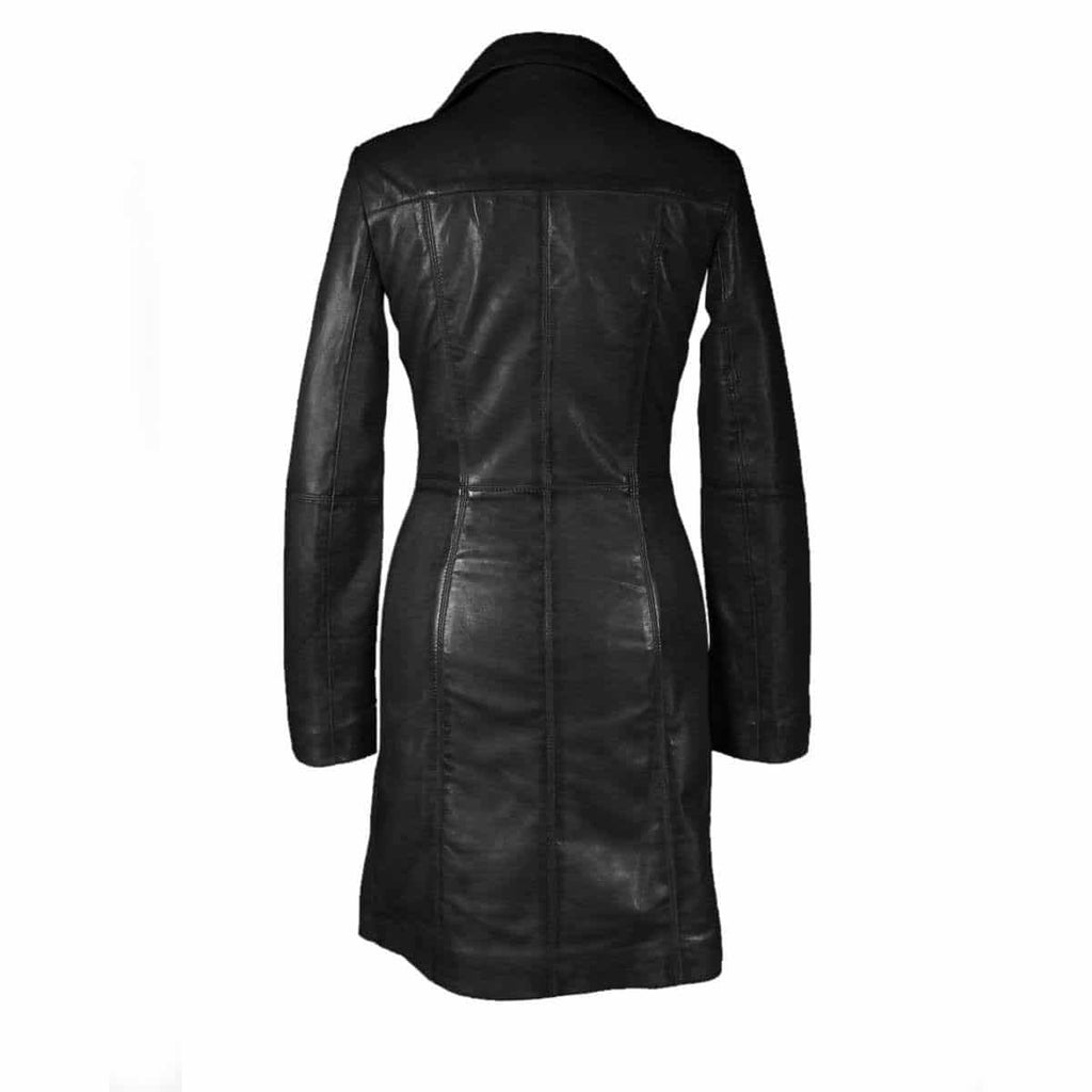 Women's Black Leather Three-Quarter Trench – Button Front, view 4