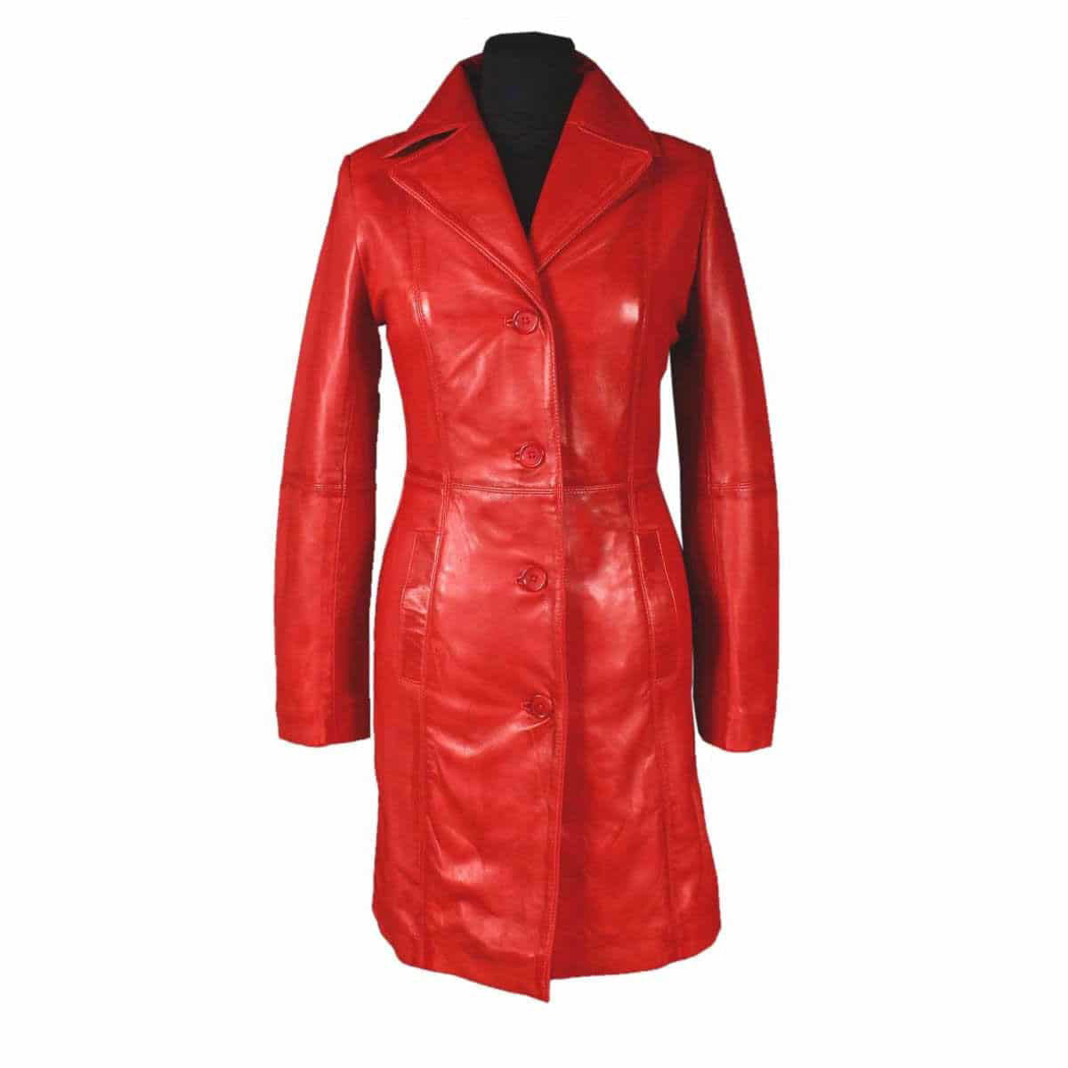 Women's Red Leather Three-Quarter Trench – Button Front