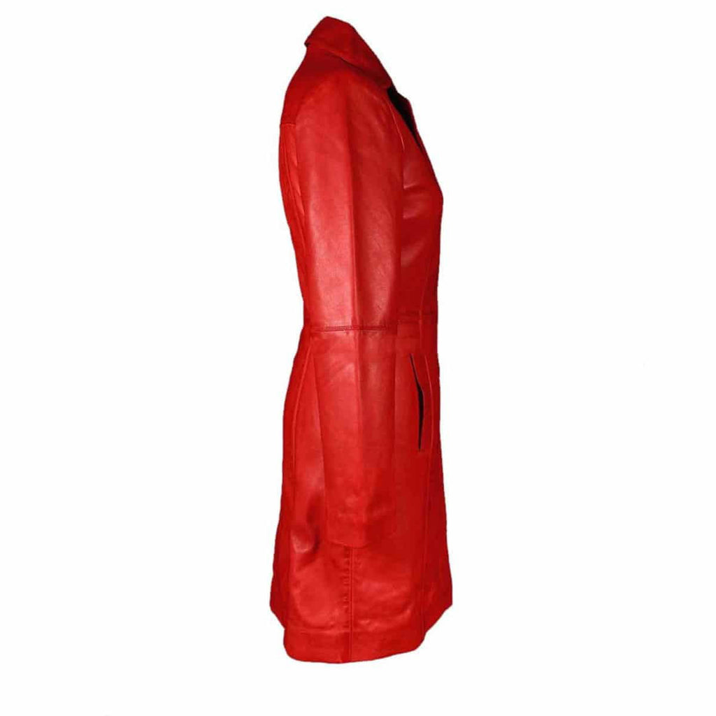 Women's Red Leather Three-Quarter Trench – Button Front, view 2