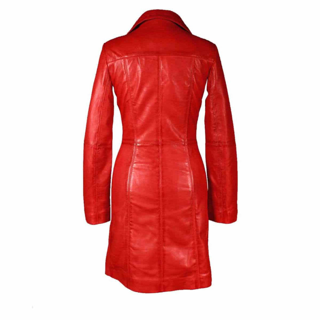 Women's Red Leather Three-Quarter Trench – Button Front, view 3
